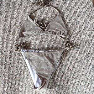 Pretty Little Thing Bikini Set Tan Mesh String Size 14